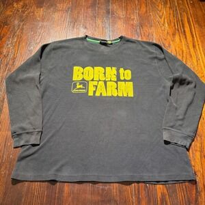 VTG John Deere Shirt Men XL Black Long Sleeve Born to Farm Thermal Knit Work Y2K